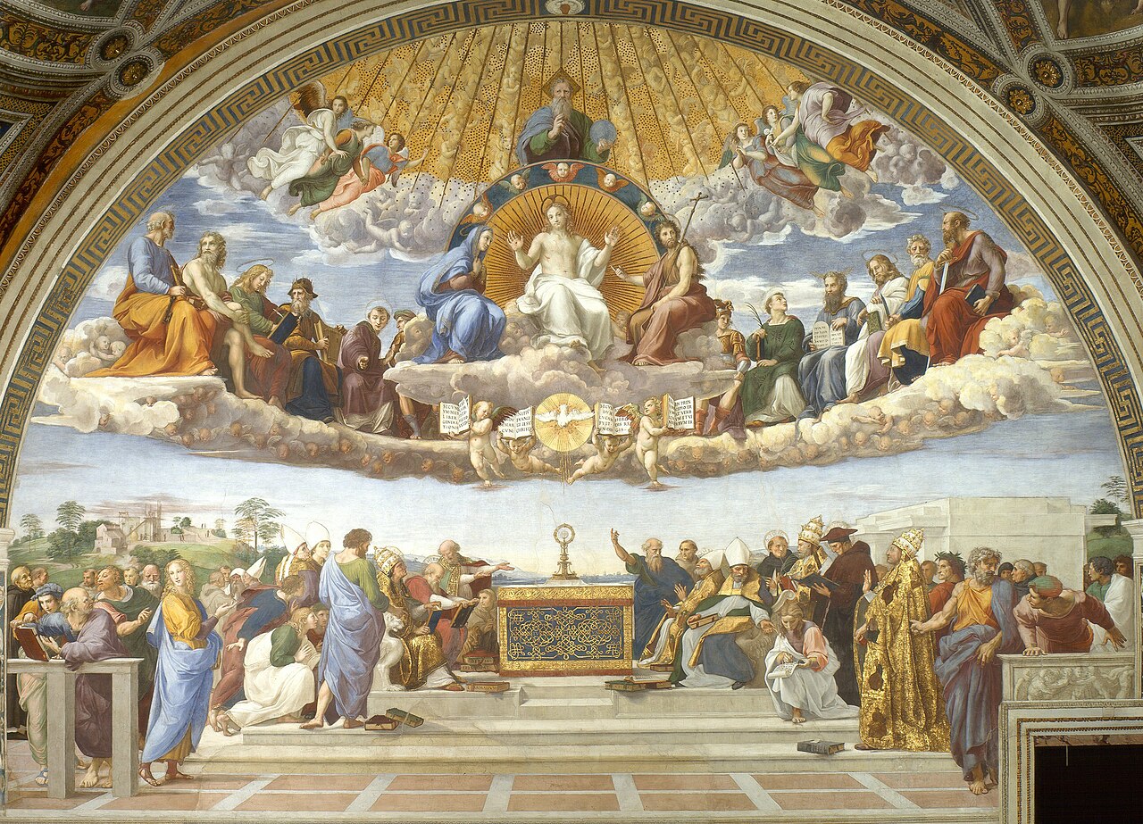 Pintura clássica Disputa do Sacramento de Rafael representando a unidade entre a igreja visível e invisível, tema central da eclesiologia congregacional.